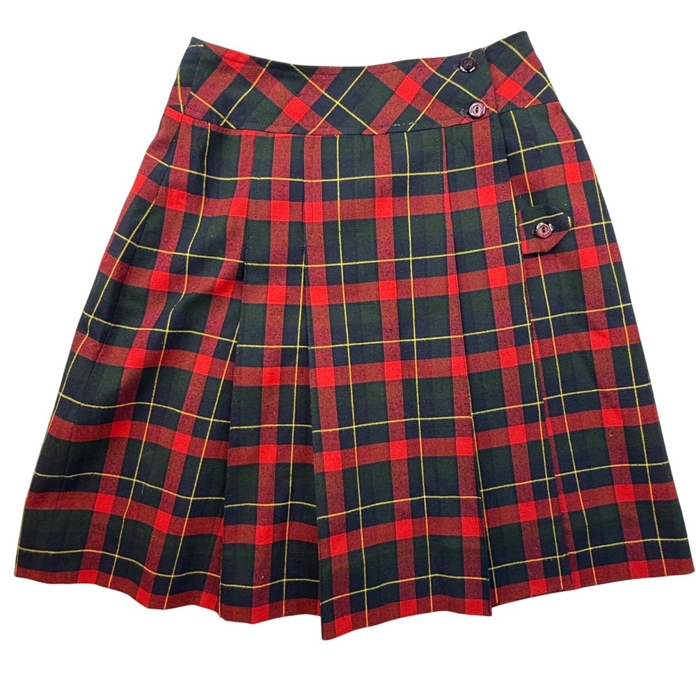Schoolbelles Red Green Plaid Pleated‎ Mini Skirt Side Button School Girl 8 PT